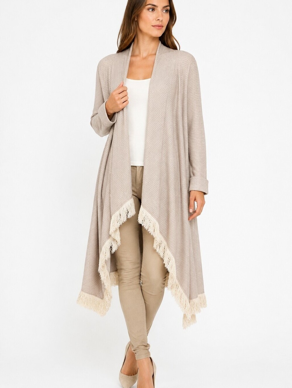 Sacred Cloth Chanti Wadge Women Taupe Fringe Open Cardigan Cardigan Boho - M